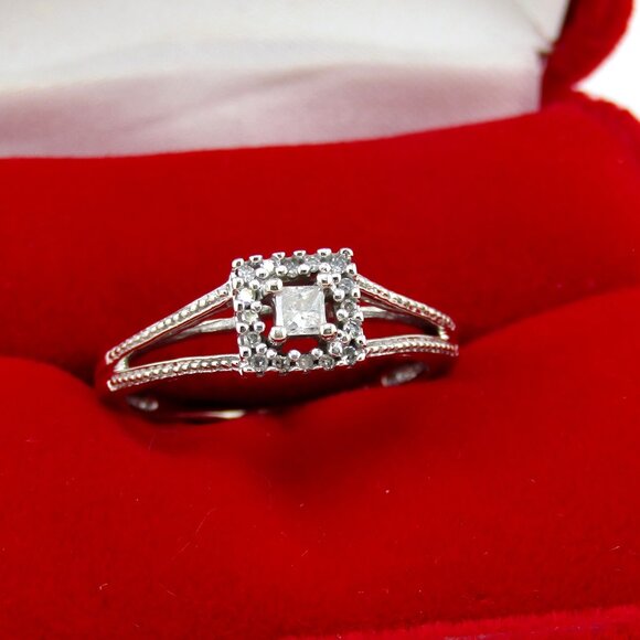 Natural Square Halo Diamond Promise Ring 10k White Gold Sz 5 Genuine Real - Picture 1 of 12